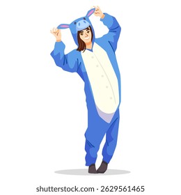 Happy woman wearing a blue donkey onesie costume, cartoon style on a white background. Concept of fun, cosplay, and playful dressing. Vector illustration