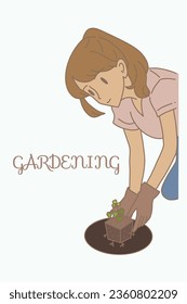 Happy woman wearing gardening gloves, knelling on the ground, planting young plant in soil. Hand drawn flat cartoon character vector illustration.