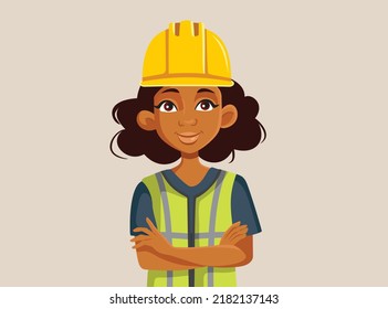 
Happy Woman Wearing a Hardhat and Construction Vest Vector Illustration. Female engineer standing smiling with confidence and optimism
