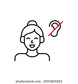 Happy woman wearing headphones and ear crossed symbol. Audio muted, noise cancelling or quiet mode. Accessibility for hearing impaired people via vibration or subtitles. Pixel perfect, editable stroke