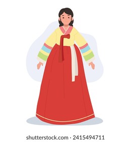 Mujer feliz usando Hanbok vestido tradicional coreano.