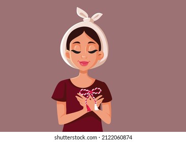 
Happy Woman Wearing a Martisor Lucky Charm with a Traditional Scarf Vector Cartoon. Romanian girl celebrating a spring holiday in March
