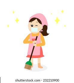 A happy woman wearing a mask and an apron sweeping the floor, vector illustration