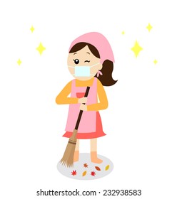 A happy woman wearing a mask and an apron sweeping the fall leaves, vector illustration