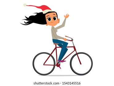 Happy woman wearing a Santa Claus cap riding a bike with the wind blowing her hair. She is practicing physical exercise in a healthy way of life concept. Merry Christmas concept. Vector Illustration. 