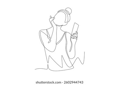 Happy woman wearing sunscreen. Applying sunscreen concept one-line drawing