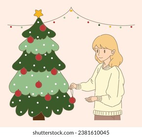 Happy woman wearing sweater, decorating Christmas tree with red ornament, colored lights behind. Hand drawn flat cartoon character vector illustration.