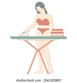 Happy woman wearing underwear is ironing clothes. Young girl near iron board - isolated vector illustration of housework. Ironic homage to Three graces