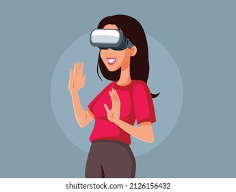 
Happy Woman Wearing VR Glasses Vector Illustration. Young person entering virtual simulation having fun playing around
