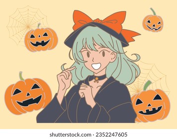 Happy woman wearing witch costume and green wig for Halloween party. Carving pumpkins or jack-o-lantern pumpkin and spider web behind. Hand drawn flat cartoon character vector illustration.