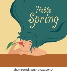 Happy woman welcomes spring. She is sniffing a tulip, her hair fluttering in the wind. This flat vector illustration can be used for advertising poster, postcard, website design.