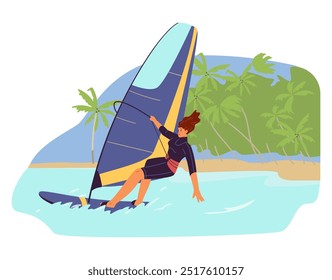 Mujer feliz en traje de neopreno windsurf cerca de la playa del océano con la Ilustración vectorial plana de las palmeras. Actividad al aire libre durante el verano