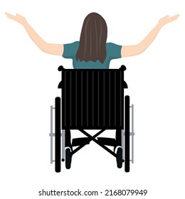 Happy woman in wheelchair on white background, back view