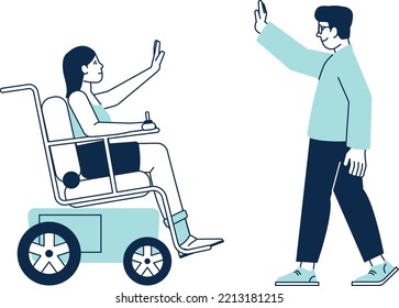 Happy woman in wheelchair taking high five with friend