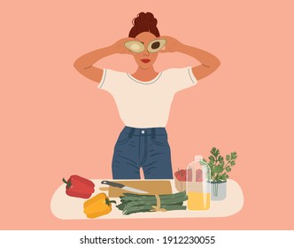 Happy woman in a white t-shirt cook a organic salad with healthy food vector illustration of a balanced meal for breakfast or dinner. The female is a vegetarian on a diet and healthy vegan diet.