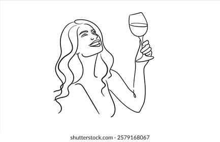 Happy woman and wine continuous drawing contour. Hands toasting with wine glasses with drinks. Cheers toast festive decoration for holidays. Vector illustration