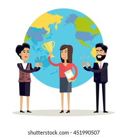 Happy woman with winner cup. Business man and woman in business suits congratulating winner on a background with planet. People clapping hand. Smiling young characters. Flat vector illustration.