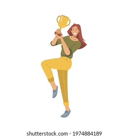 Happy Woman Winner Holding First Prize Cup In Hands, Golden Goblet Isolated Flat Cartoon Character. Vector Goal Achievement Celebration, Triumph And Grand Prize. Smiling Successful Girl Win Award