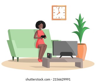 Happy woman winner with joystick in hands. Lady playing video game at tv screen. Girl relaxing, playing games at home sitting at sofa. Indoors activity, hobby, recreation, leisure time concept