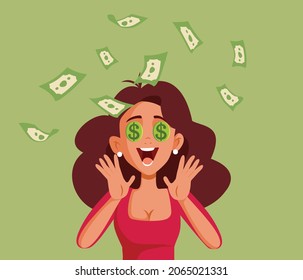 Happy Woman Winning Money Vector Cartoon Illustration. Cheerful lady getting rich receiving a cash prize becoming a millionaire 
