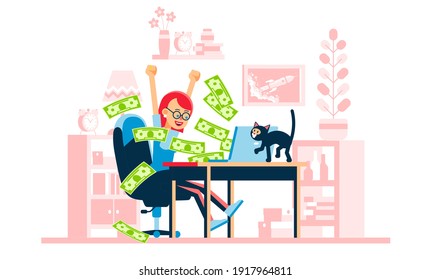 Happy woman - winning online. Money flow from laptop. Internet earning. Vector illustration.