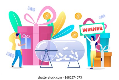 Happy Woman Winning Prize Draw And Getting Gift Box, Vector Flat Illustration. Random Lucky Prize Draw Winner, Lottery Gambling Concept For Web Banner, Website Page Etc.