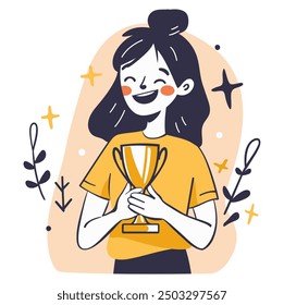 Happy Woman with Winning Trophy, Celebratory and Victorious Theme - Flat Vector Illustration