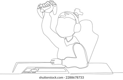 A happy woman wins in playing Play Station. Online gaming one-line drawing