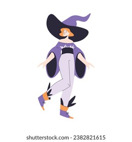 Happy Woman Witch Character at Halloween Party in Pointed Hat Vector Illustration