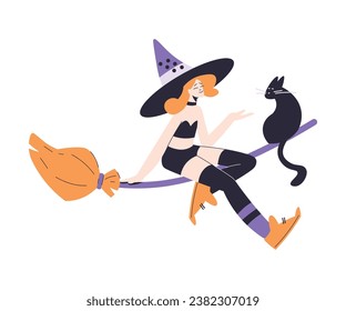 Happy Woman Witch at Halloween Party Flying on Broom with Black Cat Vector Illustration