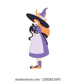 Happy Woman Witch at Halloween Party Standing in Pointed Purple Hat and Black Cat Vector Illustration