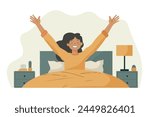 A happy woman woke up and stretched in bed. Good morning. Vector illustration in cartoon style.