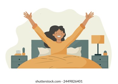 A happy woman woke up and stretched in bed. Good morning. Vector illustration in cartoon style.