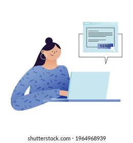 Happy Woman at Work. Modern Flat Vector Illustration. Woman Send Letter from Laptop. Remote Work. Social Media Template.