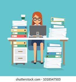 Happy woman at work with a lot of papers, piles of documents, computer. Office work, work load. Concept vector illustration in flat style.