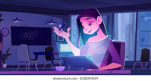 Happy woman work with tablet in office at night vector cartoon background. Student designer character enjoy drawing project and late time on workspace. Cityscape from window at company workplace