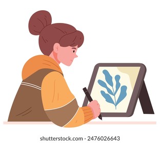 Happy woman work with tablet . Student designer character enjoy drawing project on workspace.