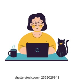 Happy Woman Working with Cat Companion