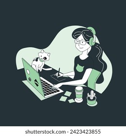  Happy woman working with computer accompanied by pet