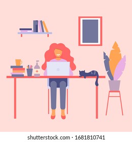 Happy woman working with her cat at home during coronavirus quarantine. Female freelance character sitting behind desk with laptop. Concept of home office, working, online education, stay at home.