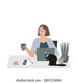 Happy woman working at her desk with laptop. Cozy and comfortable atmosphere with a cat, plants, and tea. Vector illustration of a business lady working at home. Lock down and quarantine work concept