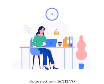 Happy woman working at home with laptop , freelance, coworking space, vector concept illustration, woman freelancer working on computer, can use for, landing page, template, ui, web, homepage, poster