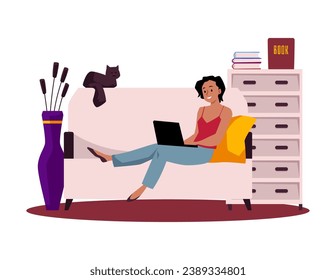 Happy woman working with laptop on sofa flat style, vector illustration isolated on white background. Decorative design element, freelance lifestyle, distance work at home