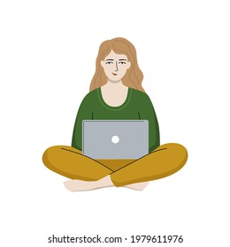 Happy woman is working on a laptop. Freelance, work at home concept. Flat style vector illustration.