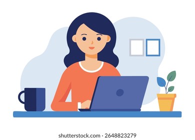 Happy Woman Working on Laptop, Modern Flat Design, Home Office