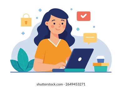 Happy Woman Working on Laptop, Secure Online Transaction, Modern Flat Design, Positive Mood