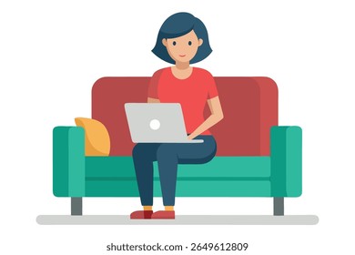 Happy woman working on laptop, sitting comfortably on teal couch, flat design illustration.