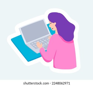 Happy woman working online using laptop. Stay at home. Vector illustration in cartoon sticker design