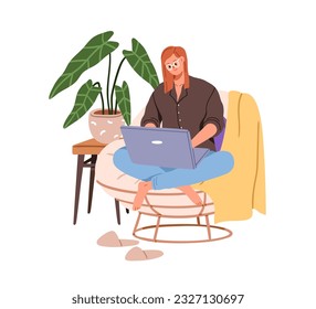 Happy woman works from home, sitting in cozy armchair at laptop computer. Young freelancer, remote worker working, studying online, in internet. Flat vector illustration isolated on white background