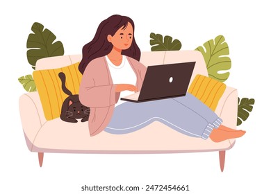 Happy woman works from home, sitting in cozy Sofa at laptop computer. Young freelancer, remote worker working, studying online, in internet. Flat vector illustration isolated on white background